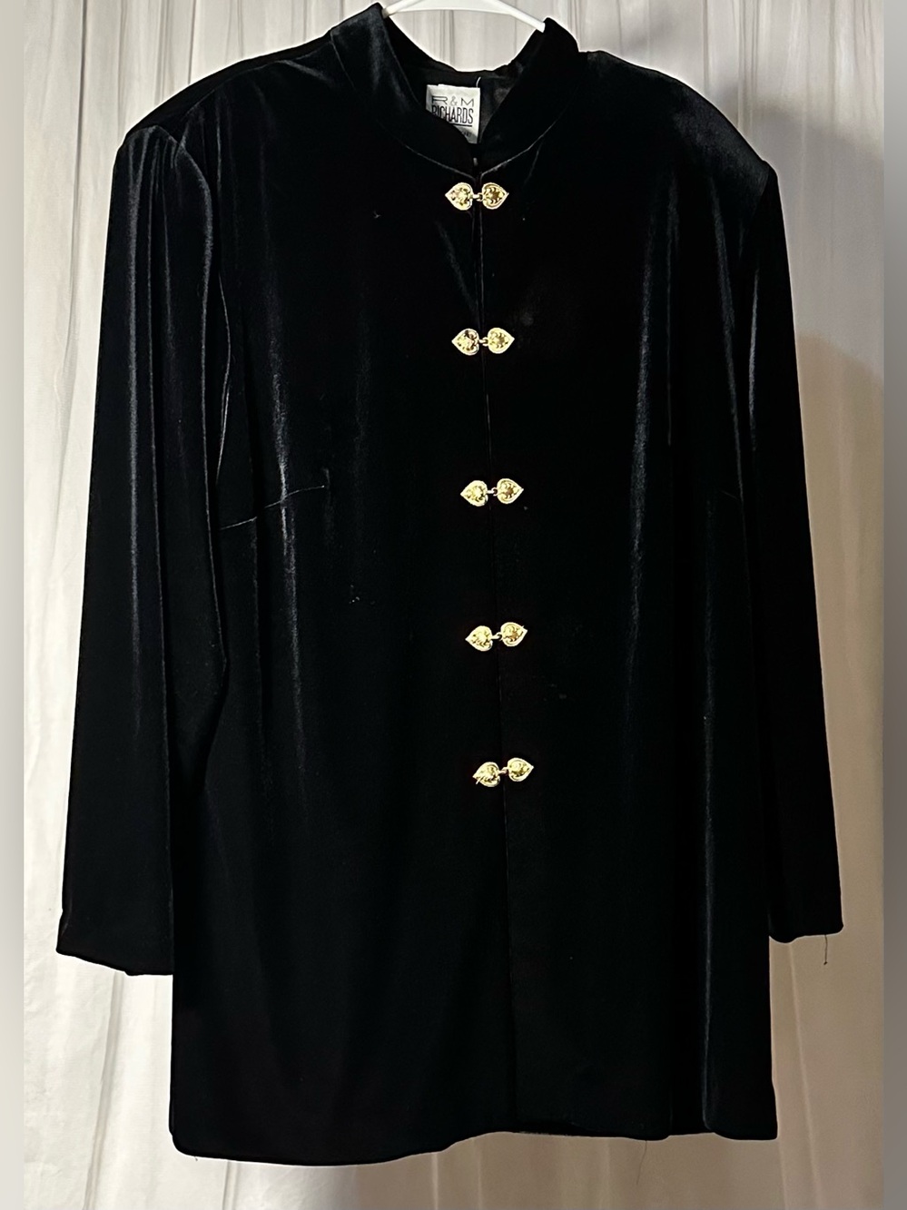 R&M Richards Black Velvet Trench Coat with Gold Buttons